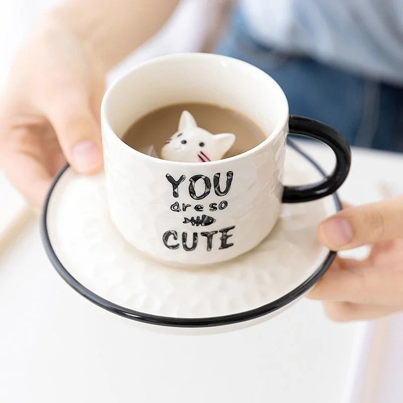 Cute Cat Relief Ceramics Mug